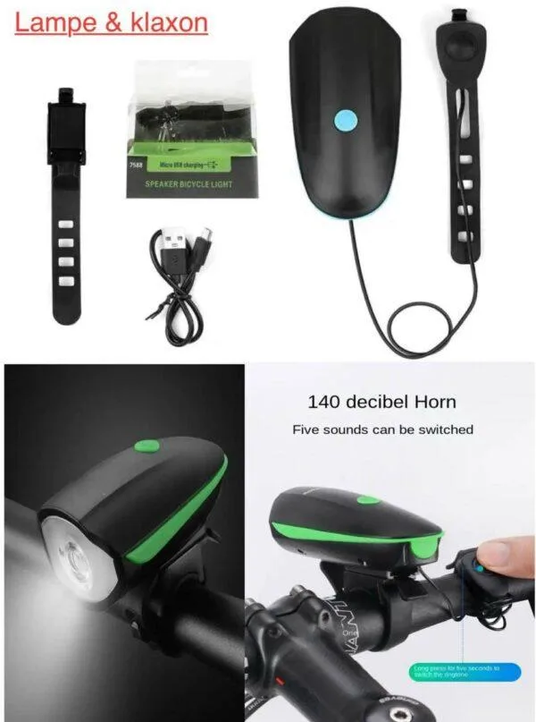 lumière LED pour vélo, éclairage 3 modes avec klaxon électronique, Rechargeable par USB