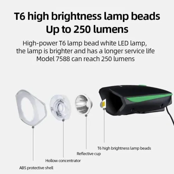 lumière LED pour vélo, éclairage 3 modes avec klaxon électronique, Rechargeable par USB – Image 9