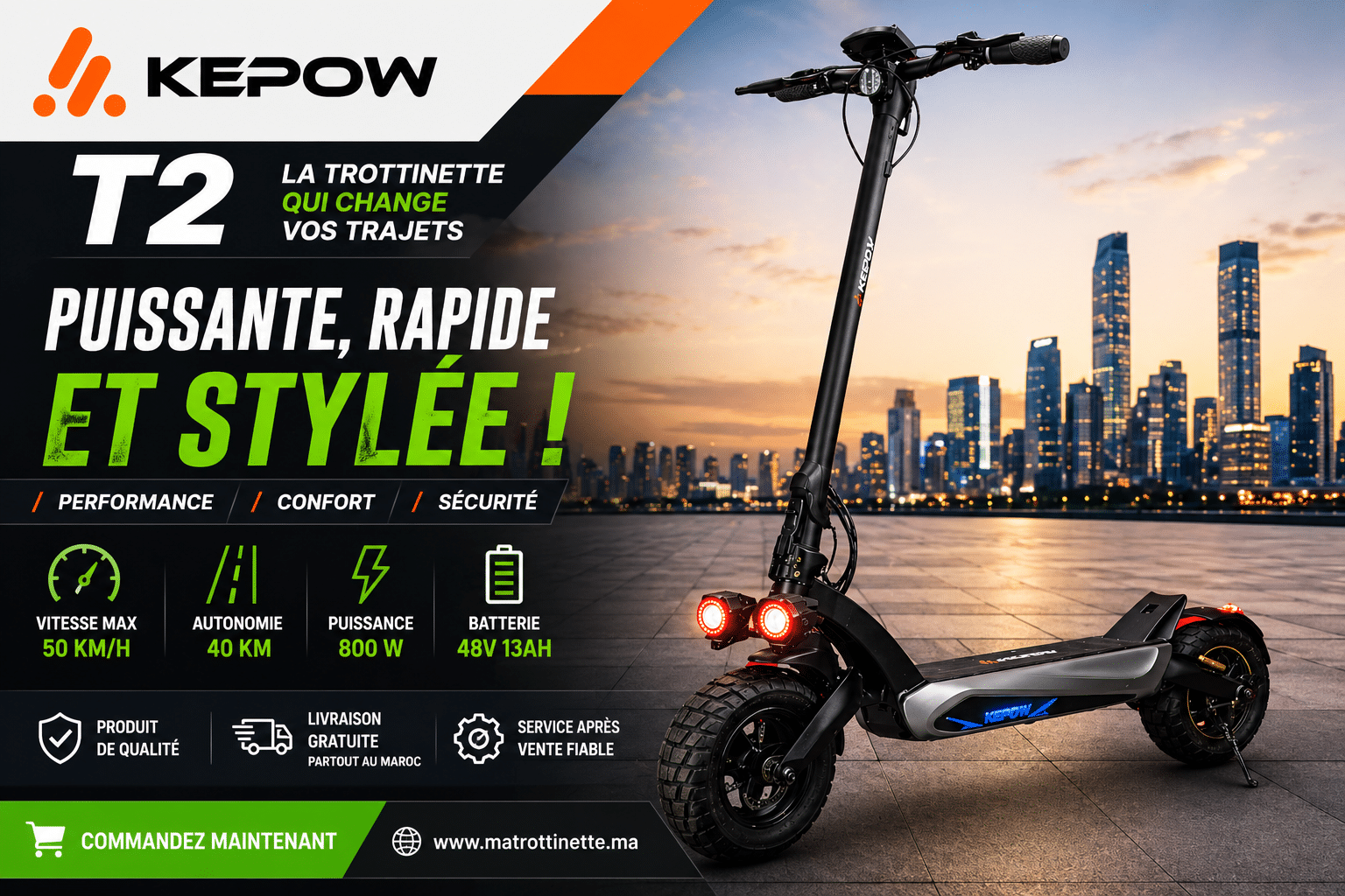 Trottinette Kepow T2 Maroc 800W 40 km | Matrottinette.ma